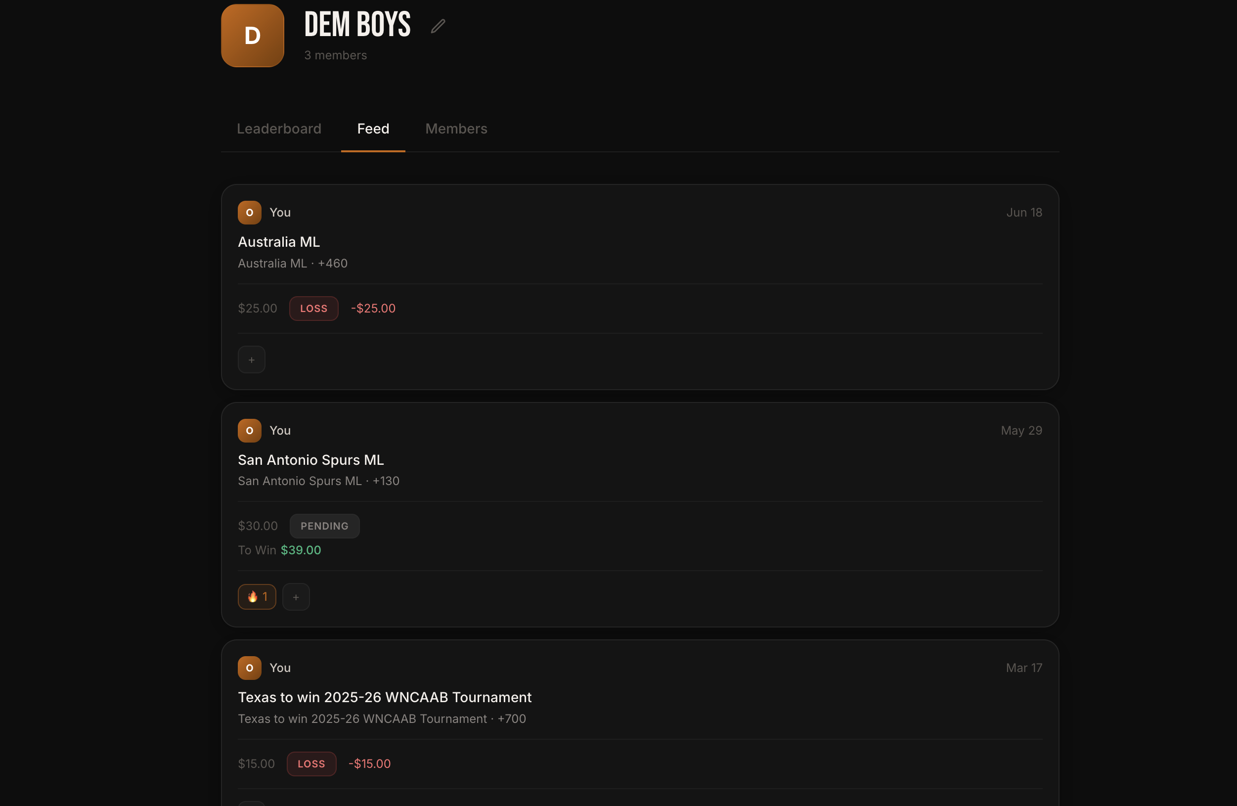 BetShare group feed showing bet tracking and a live leaderboard