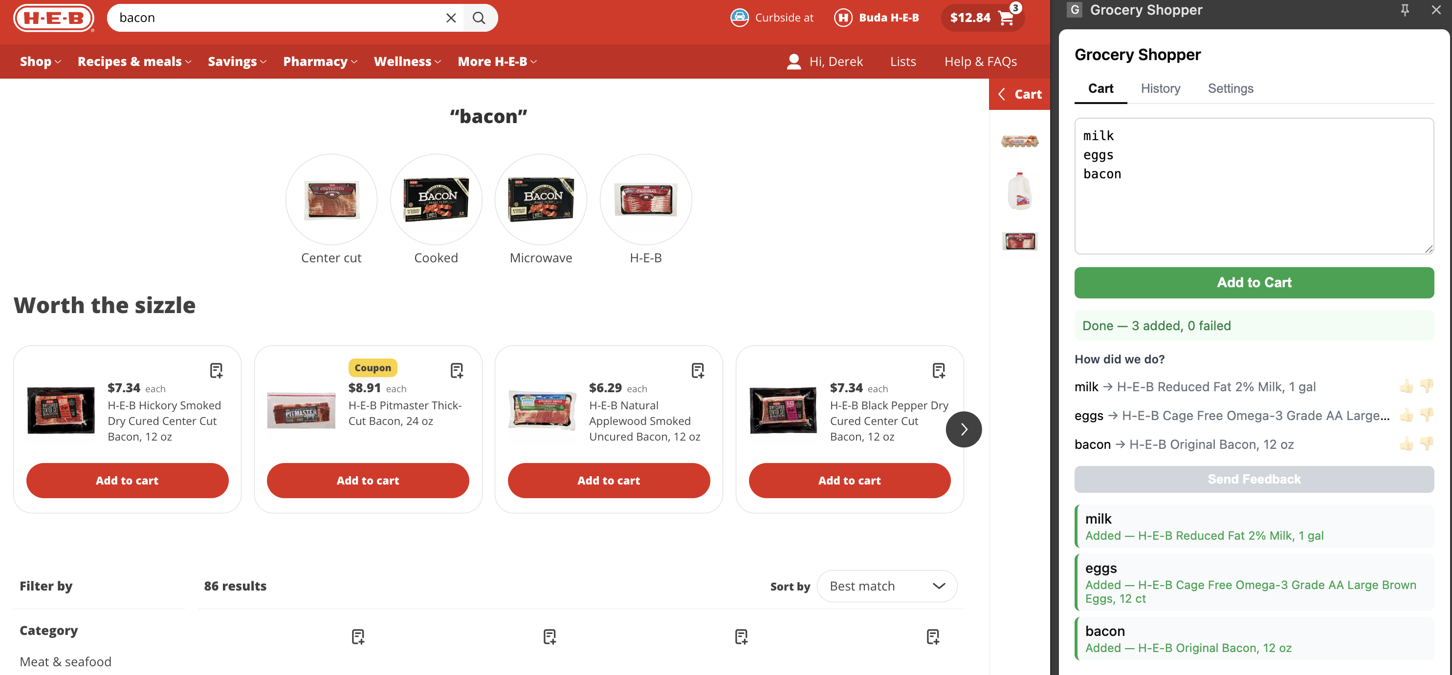 Grocery Shopper extension auto-filling an HEB.com cart from a plain-text list